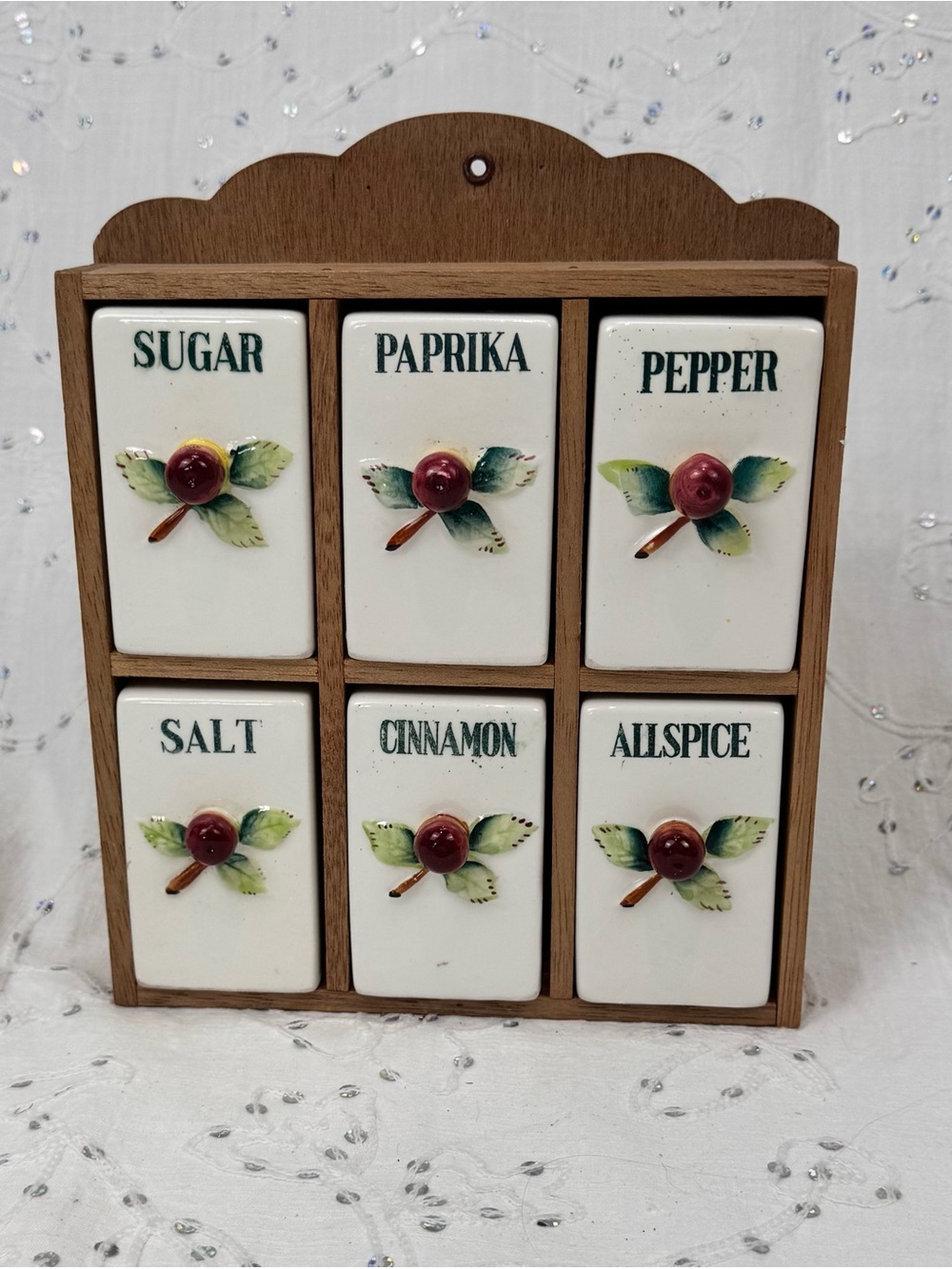 Vintage Ceramic Wall Spice Rack Set - Hand Painted Cherry Spice Shakers